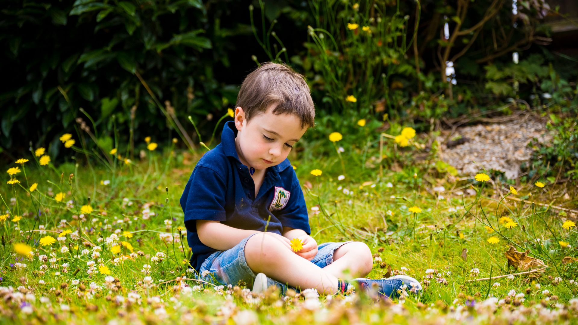 Photo of a claires court nursery pupil sat amognst flowers